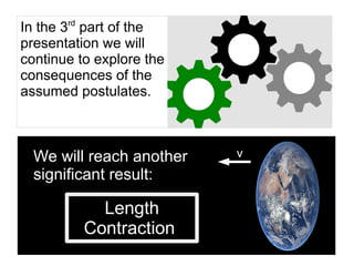 In the 3rd
part of the
presentation we will
continue to explore the
consequences of the
assumed postulates.
We will reach another
significant result:
Length
Contraction
v
 