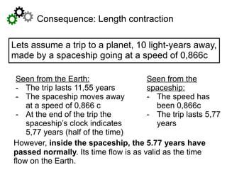 Seen from the
spaceship:
- The speed has
been 0,866c
- The trip lasts 5,77
years
Seen from the Earth:
- The trip lasts 11,55 years
- The spaceship moves away
at a speed of 0,866 c
- At the end of the trip the
spaceship’s clock indicates
5,77 years (half of the time)
Consequence: Length contraction
Lets assume a trip to a planet, 10 light-years away,
made by a spaceship going at a speed of 0,866c
However, inside the spaceship, the 5.77 years have
passed normally. Its time flow is as valid as the time
flow on the Earth.
 
