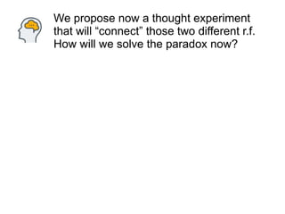 We propose now a thought experiment
that will “connect” those two different r.f.
How will we solve the paradox now?
 