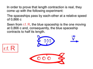 In order to prove that length contraction is real, they
come up with the following experiment:
The spaceships pass by each-other at a relative speed
of 0,866 c
r.f. R
v
Seen from r.f. R, the blue spaceship is the one moving
at 0,866 c and, consequently, the blue spaceship
contracts to half its length.
 