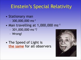 Einstein’s Special Relativity
• Stationary man
– 300,000,000 ms-1
• Man travelling at 1,000,000 ms-1
– 301,000,000 ms-1?
– Wrong!
• The Speed of Light is
the same for all observers
 