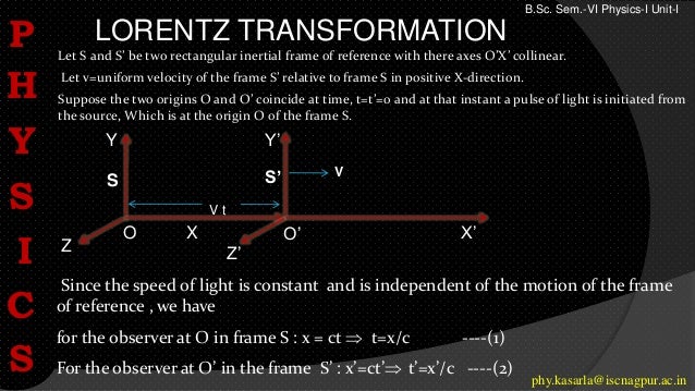 LORENTZ TRANSFORMATION
Let S and S’ be two rectangular inertial frame of reference with there axes O’X’ collinear.
Let v=uniform velocity of the frame S’ relative to frame S in positive X-direction.
Suppose the two origins O and O’ coincide at time, t=t’=0 and at that instant a pulse of light is initiated from
the source, Which is at the origin O of the frame S.
X’
Y
S S’ V
Y’
V t
O O’
Z’
X
Since the speed of light is constant and is independent of the motion of the frame
of reference , we have
for the observer at O in frame S : x = ct  t=x/c ----(1)
For the observer at O’ in the frame S’ : x’=ct’ t’=x’/c ----(2)
Z
P
H
Y
S
I
C
S phy.kasarla@iscnagpur.ac.in
B.Sc. Sem.-VI Physics-I Unit-I
 