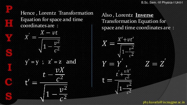 Hence , Lorentz Transformation
Equation for space and time
coordinates are :
y’ = y ; z’ = z and
P
H
Y
S
I
C
S
Also , Lorentz Inverse
Transformation Equation for
space and time coordinates are :
phy.kasarla@iscnagpur.ac.in
B.Sc. Sem.-VI Physics-I Unit-I
 