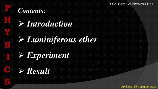 Contents:
 Introduction
 Luminiferous ether
 Experiment
 Result
P
H
Y
S
I
C
S phy.kasarla@iscnagpur.ac.in
B.Sc. Sem.-VI Physics-I Unit-I
 