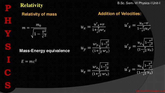 phy.kasarla@iscnagpur.ac.in
B.Sc. Sem.-VI Physics-I Unit-I
Relativity
𝑚 =
𝑚0
1 −
𝑣2
𝑐2
𝐸 = 𝑚𝑐2
Mass-Energy equivalence
Relativity of mass
𝑢𝑥 =
𝑢′
𝑥+𝑣
1+
𝑣
𝑐2𝑢′𝑥
𝑢𝑦 =
𝑢′𝑦 1−
𝑣2
𝑐2
(1+
𝑣
𝑐2 𝑢′𝑥)
𝑢𝑧 =
𝑢′𝑧 1−
𝑣2
𝑐2
(1+
𝑣
𝑐2 𝑢′𝑥)
𝑢′𝑥 =
𝑢𝑥−𝑣
1−
𝑣
𝑐2𝑢𝑥′
𝑢′𝑦 =
𝑢𝑦 1−
𝑣2
𝑐2
(1−
𝑣
𝑐2 𝑢𝑥)
𝑢′𝑧 =
𝑢𝑧 1−
𝑣2
𝑐2
(1−
𝑣
𝑐2 𝑢𝑥)
Addition of Velocities:
P
H
Y
S
I
C
S
 