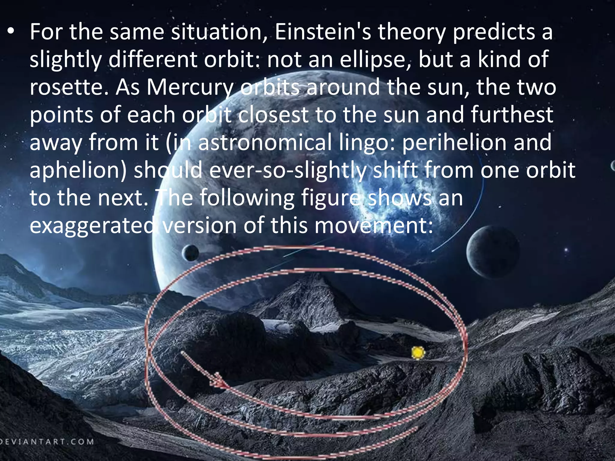 • For the same situation, Einstein's theory predicts a
slightly different orbit: not an ellipse, but a kind of
rosette. As Mercury orbits around the sun, the two
points of each orbit closest to the sun and furthest
away from it (in astronomical lingo: perihelion and
aphelion) should ever-so-slightly shift from one orbit
to the next. The following figure shows an
exaggerated version of this movement:
 