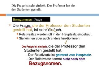 Die Frage ist sehr einfach. Der Professor hat sie 
den Studenten gestellt. 
Bezugsnomen : Frage 
 Die Frage, die der Professor den Studenten 
gestellt hat, ist sehr einfach. 
 Relativsätze werden oft in den Hauptsatz eingebaut. 
 Sie können aber auch anders funktionieren: 
Die FFrraaggee iisstt eeiinnffaacchh,, ddiiee ddeerr PPrrooffeessssoorr ddeenn 
SSttuuddeenntteenn ggeesstteelllltt hhaatt.. 
- Der Relativsatz ist ggeettrreennnntt vvoomm HHaauuppttssaattzz. 
- Der Relativsatz kommt nniicchhtt nnaacchh ddeemm 
BBeezzuuggssnnoommeenn.. 
 