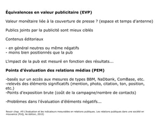 Équivalences en valeur publicitaire (EVP)

Valeur monétaire liée à la couverture de presse ? (espace et temps d’antenne)

Publics joints par la publicité sont mieux ciblés

Contenus éditoriaux

- en général neutres ou même négatifs
- moins bien positionnés que la pub

L’impact de la pub est mesuré en fonction des résultats...

Points d’évaluation des relations médias (PEM)

-basés sur un accès aux mesures de types BBM, NaDbank, ComBase, etc.
-relevés des éléments significatifs (mention, photo, citation, ton, position,
etc.)
-Points d’exposition brute (coût de la campagne/nombre de contacts)

-Problèmes dans l’évaluation d’éléments négatifs...

Revoir chap. #9 L’évaluation et les indicateurs mesurables en relations publiques. Les relations publiques dans une société en
mouvance (PUQ, 4e édition, 2010)
 