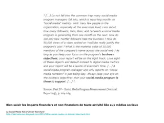 Bien saisir les impacts financiers et non-financiers de toute activité liée aux médias sociaux

Le Social Media ROI d’Olivier Blanchard
http://patriceleroux.blogspot.com/2011/08/le-social-media-roi-dolivier-blanchard.html
 