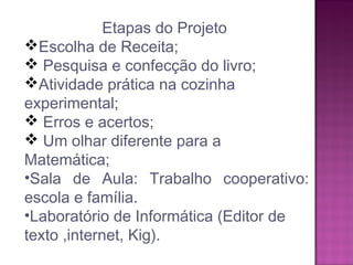 Etapas do Projeto
Escolha de Receita;
 Pesquisa e confecção do livro;
Atividade prática na cozinha
experimental;
 Erros e acertos;
 Um olhar diferente para a
Matemática;
•Sala de Aula: Trabalho cooperativo:
escola e família.
•Laboratório de Informática (Editor de
texto ,internet, Kig).
 