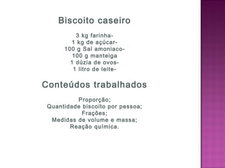 Biscoito caseiro
3 kg farinha-
1 kg de açúcar-
100 g Sal amoniaco-
100 g manteiga
1 dúzia de ovos-
1 litro de leite-
Conteúdos trabalhados
Proporção;
Quantidade biscoito por pessoa;
Frações;
Medidas de volume e massa;
Reação química.
 