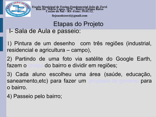 Escola Municipal de Ensino Fundamental João de Zorzi
Rua Dr. Mário Lopes, 2070 – Bairro Fátima Baixo
Caxias do Sul – RS -Fone: 39.01.12.
escolajoaodezorzi@yahoo.com.br
liejoaodezorzi@gmail.com
Etapas do Projeto
I- Sala de Aula e passeio:
1) Pintura de um desenho com três regiões (industrial,
residencial e agricultura – campo),
2) Partindo de uma foto via satélite do Google Earth,
fazem o croqui do bairro e dividir em regiões;
3) Cada aluno escolheu uma área (saúde, educação,
saneamento,etc) para fazer um proposta de governo para
o bairro.
4) Passeio pelo bairro;
 
