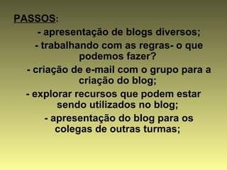 PASSOS:
- apresentação de blogs diversos;
- trabalhando com as regras- o que
podemos fazer?
- criação de e-mail com o grupo para a
criação do blog;
- explorar recursos que podem estar
sendo utilizados no blog;
- apresentação do blog para os
colegas de outras turmas;
 