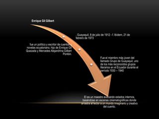 Enrique Gil Gilbert
. Guayaquil, 8 de julio de 1912 - f. Ibídem, 21 de
febrero de 1973
fue un político y escritor de cuentos y
novelas ecuatoriano, hijo de Enrique Gil
Quezada y Mercedes Alejandrina Gilbert
Pontón.
Fue el miembro más joven del
llamado Grupo de Guayaquil, uno
de los más reconocidos grupos
literarios en el Ecuador durante el
período 1930 – 1940
El es un maestro evocando estados internos,
basándose en escenas cinematográficas donde
arrastra al lector a un mundo imaginario y creativo
del cuento.
 