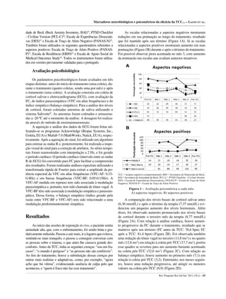 Rev Psiquiatr Rio Gd Sul. 2011;33(1) – 65
Marcadores neurobiológicos e psicométricos da eﬁcácia da TCC... – LAGES ET AL.
dade de Beck (Beck Anxiety Inventory, BAI)19
, PTSD Checklist
- Civilian Version (PCL-C)20
, Escala de Experiências Dissociati-
vas (DES)21
e Escala de Traço de Afeto Negativo (PANAS-N)22
.
Também foram utilizados os seguintes questionários referentes a
aspectos positivos: Escala de Traço de Afeto Positivo (PANAS-
P)22
, Escala de Resiliência (ER89)23
e Escala de Apoio Social do
Medical Outcomes Study24
. Todos os instrumentos foram utiliza-
dos em versões previamente validadas para o português.
Avaliação psicoﬁsiológica
Os parâmetros psicoﬁsiológicos foram avaliados em três
etapas distintas: antes do início do tratamento (uma coleta), du-
rante o tratamento (quatro coletas, sendo uma por mês) e após
o tratamento (uma coleta). A avaliação consistiu em coleta de
cortisol salivar e eletrocardiograma (ECG), com avaliação da
FC, do índice parassimpático (VFC em altas frequências) e do
índice simpático (balanço simpático). Para a análise dos níveis
de cortisol, foram coletadas amostras de saliva utilizando o
sistema Salivette®
. As amostras foram coletadas e armazena-
das a -20 ºC até o momento da análise. A dosagem foi realiza-
da através do método de enzimaimunoensaio.
A aquisição e análise dos dados de ECG foram feitas uti-
lizando-se os programas Acknowledge (Biopac Systems, Inc.,
Goleta, EUA) e Matlab 7.0 (MathWorks, Natick, EUA), respec-
tivamente. Após a aquisição do sinal, foi utilizado um algoritmo
para estimar as ondas R e, posteriormente, foi realizada a inspe-
ção visual do sinal para a correção de artefatos. As séries tempo-
rais foram reamostradas com interpolação a 2 Hz, e foi gerado
o período cardíaco. O período cardíaco (intervalo entre as ondas
R do ECG) foi convertido para FC para facilitar a compreensão
dos resultados. Foram realizadas análises espectrais utilizando a
transformada rápida de Fourier para extrair a amplitude da po-
tência espectral da VFC em altas frequências (VFC-AF: 0.15-
0.4Hz) e em baixas frequências (VFC-BF: 0.05-0.15Hz). A
VFC-AF medida em repouso tem sido associada à modulação
parassimpática e, portanto, tem sido chamada de tônus vagal. A
VFC-BF têm sido associada à modulação simpática e parassim-
pática. Dessa forma, o balanço simpático (índice gerado pela
razão entre VFC-BF e VFC-AF) tem sido relacionado a uma
modulação predominantemente simpática.
Resultados
Ao início das sessões de exposição in vivo, o paciente sentia
ansiedade alta, que, com o enfrentamento, foi sendo lenta e gra-
dativamente reduzida. Passou a sair mais, ir a lugares que evitava,
sentindo-se mais tranquilo, e passou a conseguir conversar com
as pessoas sobre o trauma, o que antes lhe causava grande des-
conforto. Antes da TCC, tinha as seguintes crenças: “sou um fra-
casso”, “o mundo é perigoso” e “as pessoas não são conﬁáveis”.
Ao ﬁm do tratamento, houve a substituição dessas crenças por
outras mais realistas e adaptativas, como, por exemplo, “agora
acho que fui vítima”, evidenciando ausência de culpa pelo que
aconteceu, e “quem é fraco não faz esse tratamento”.
As escalas relacionadas a aspectos negativos mostraram
reduções em sua pontuação ao longo do tratamento, resultado
que foi mantido após seu término (Figura 1A). Já as escalas
relacionadas a aspectos positivos mostraram aumento em suas
pontuações (Figura 1B) durante e após o término do tratamento.
Foi possível observar piora acentuada no mês 3, com aumento
da pontuação nas escalas que avaliam aspectos negativos.
A comparação dos níveis basais de cortisol salivar antes
(6,36 nmol/L) e após o término da terapia (7,37 nmol/L) evi-
denciou um pequeno aumento dos níveis hormonais. Além
disso, foi observado aumento pronunciado nos níveis basais
de cortisol durante o terceiro mês da terapia (8,77 nmol/L)
(Figura 2A). Com relação à análise cardíaca, houve aumen-
to progressivo da FC durante o tratamento, resultado que se
manteve após seu término (FC antes da TCC: 76,6 bpm; FC
após a TCC: 81,4 bpm) (Figura 2B). Foi observada também
uma redução do tônus vagal no terceiro (11,8 ms2
) e no quarto
mês (12,6 ms2
) em relação à coleta pré-TCC (17,7 ms2
), porém
esse quadro se reverteu para um aumento bastante acentuado
na coleta pós-TCC (32,0 ms2
) (Figura 2C). Com relação ao
balanço simpático, houve aumento no primeiro mês (7,1) em
relação à coleta pré-TCC (3,2). Entretanto, nos meses seguin-
tes, houve uma redução progressiva, até atingir os menores
valores na coleta pós-TCC (0,9) (Figura 2D).
Figura 1 – Avaliação psicométrica a cada mês:
A) aspectos negativos; B) aspectos positivos
Aspectos negativos
Aspectos positivos
TCC = terapia cognitivo-comportamental; BDI = Inventário de Depressão de Beck;
BAI = Inventário deAnsiedade de Beck; PCL-C = PTSD Checklist – Civilian Version;
DES = Escala de Experiências Dissociativas; PANAS-N = Escala de Traço de Afeto
Negativo; PANAS-P = Escala de Traço de Afeto Positivo.
 