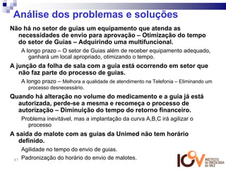 Análise dos problemas e soluções
Não há no setor de guias um equipamento que atenda as
  necessidades de envio para aprovação – Otimização do tempo
  do setor de Guias – Adquirindo uma multifuncional.
      A longo prazo – O setor de Guias além de receber equipamento adequado,
         ganhará um local apropriado, otimizando o tempo.
A junção da folha de sala com a guia está ocorrendo em setor que
   não faz parte do processo de guias.
      A longo prazo – Melhora a qualidade de atendimento na Telefonia – Eliminando um
         processo desnecessário.
Quando há alteração no volume do medicamento e a guia já está
  autorizada, perde-se a mesma e recomeça o processo de
  autorização – Diminuição do tempo do retorno financeiro.
      Problema inevitável, mas a implantação da curva A,B,C irá agilizar o
        processo
A saída do malote com as guias da Unimed não tem horário
   definido.
      Agilidade no tempo do envio de guias.
 37   Padronização do horário do envio de malotes.
 