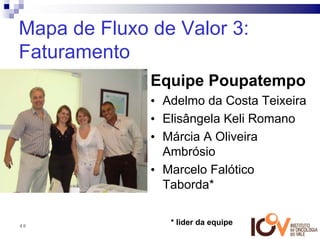 Mapa de Fluxo de Valor 3:
Faturamento
              Equipe Poupatempo
              • Adelmo da Costa Teixeira
              • Elisângela Keli Romano
              • Márcia A Oliveira
                Ambrósio
              • Marcelo Falótico
                Taborda*


48               * lider da equipe
 