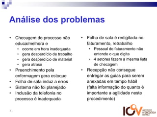 Análise dos problemas
•    Checagem do processo não            •   Folha de sala é redigitada no
     educa/melhora e                         faturamento, retrabalho
      •   ocorre em hora inadequada           • Pessoal do faturamento não
      •   gera desperdício de trabalho          entende o que digita
      •   gera desperdício de material        • 4 setores fazem a mesma lista
      •   gera atraso                           de checagem
•    Preenchimento pela                  •   Recepção não consegue
     enfermagem gera estoque                 entregar as guias para serem
•    Folha de sala induz a erros             anexadas em tempo hábil
•    Sistema não foi planejado               (falta informação do quanto é
•    Inclusão da telefonia no                importante a agilidade neste
     processo é inadequada                   procedimento)

51
 