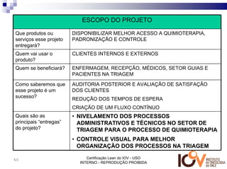 ESCOPO DO PROJETO

Que produtos ou         DISPONIBILIZAR MELHOR ACESSO A QUIMIOTERAPIA,
serviços esse projeto   PADRONIZAÇÃO E CONTROLE
entregará?
Quem vai usar o         CLIENTES INTERNOS E EXTERNOS
produto?
Quem se beneficiará?    ENFERMAGEM, RECEPÇÃO, MÉDICOS, SETOR GUIAS E
                        PACIENTES NA TRIAGEM

Como saberemos que      AUDITORIA POSTERIOR E AVALIAÇÃO DE SATISFAÇÃO
esse projeto é um       DOS CLIENTES
sucesso?
                        REDUÇÃO DOS TEMPOS DE ESPERA
                        CRIAÇÃO DE UM FLUXO CONTÍNUO
Quais são as            • NIVELAMENTO DOS PROCESSOS
principais “entregas”     ADMINISTRATIVOS E TÉCNICOS NO SETOR DE
do projeto?               TRIAGEM PARA O PROCESSO DE QUIMIOTERAPIA
                        • CONTROLE VISUAL PARA MELHOR
                          ORGANIZAÇÃO DOS PROCESSOS NA TRIAGEM

60                           Certificação Lean do IOV - USO
                          INTERNO - REPRODUÇÃO PROIBIDA
 