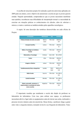 A escolha do tema deste projeto foi realizada a partir de entrevistas aplicadas em
2009 junto aos alunos, com o objetivo de caracterizar a escola em que os jovens querem
estudar. Naquela oportunidade, compreendeu-se que os jovens necessitam manifestar
suas opiniões, reconhecem suas dificuldades de interpretação textual e a necessidade de
exercitar em situações práticas os conhecimentos de cálculos, além de valorizar a
música e o teatro e sentirem-se também atraídos pelos aparelhos tecnológicos.

       A seguir, há uma descrição das temáticas desenvolvidas em cada oficina do
Projeto:

                         ATIVIDADES                  PROFESSOR      DIA       HORÁRIO

             Práticas letradas de ensino na escola    Márcia      TER e QUI    19h30 às
                                                      Carla                      21h

                      Iniciação Científica            Lidiane     TER e QUI    19h30 às
                                                                                  21

               Mídia e Tecnologia no Cotidiano         Ivanês     TER e QUI    19h30 às
                           Escolar                                               21h

                  Matemática e Tecnologia             Erleilson   QUI e SEX   8h às 9h30

                            Teatro                     Célia      TER e QUI    19h30 às
                                                                                 21h

                      Imagens e História              Judson      TER e QUI    19h30 às
                                                                                 21h

             Condicionamento físico e desportivo      Sueldes       TER E     8h40 às 10
                                                                    QUA          h10

                        Rádio Escolar                 Socorro     TER e QUI   19 e 30h às
                                                                                  21h

                      Cordel Encantado                Mendes      TER e QUI   19 e 30h às
                                                                                  21h

                Opinar, persuadir, convencer: A      Angelúcia    TER e QUI    19h30 às
             argumentação na produção de textos                                  21h
                        orais e escritos




       É importante ressaltar que atualmente a escola não dispõe de professor no
laboratório de informática. Com isso, para utilizar esse espaço, os professores
necessitam abri-lo e ligar todos os equipamentos antes de iniciar suas aulas, realizando o
processo inverso minutos antes de encerrá-las. Dessa forma, o professor chega a gastar
entre vinte e cinquenta minutos, tornando inviável o uso frequente do laboratório. Trata-
 