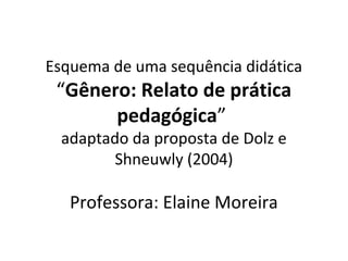 Esquema de uma sequência didática

“Gênero: Relato de prática
pedagógica”
adaptado da proposta de Dolz e
Shneuwly (2004)

Professora: Elaine Moreira

 
