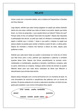 RELATO
Iniciei a aula com o momento deleite, com a história de Passarinhos e Gaviões
de Chico Alencar.
Logo depois, solicitei que cada criança pegasse um papel que estava dobrado
dentro de uma caixa, solicitei que cada um lesse a sua parte, depois que todos
leram, eu inicie as perguntas: o que aquela leitura se tratava? Falava de que?
Porque cada um leu um pedaço? Que texto era aquele?. Depois das respostas
e participação dos alunos, eu pedi que cada um olhasse a numeração atrás do
papel e solicitei que o número 1 lesse a sua parte e colasse no papel que
estava colado na parede para montar a história e assim foi até o a ultima parte.
Depois de montada a historia nós fizemos a leitura do texto, depois para
grafamos o texto.
Solicitei que cada aluno fosse ao quadro e escrevesse um nome de um bicho
que Noé levou para a arca, pedindo que separasse a palavras e contasse
quantas letras tinha. Depois nós fomos caracterizando os animais como:
vertebrados e invertebrados, aquáticos e terrestre, mamíferos e ovíparos, pelo
ou pena, herbívoros ou ovíparos. Coloque vários nomes de animais no quadro
faltando letras para que cada aluno colocasse as letras que faltavam e
descobrissem que animais esta escrito.
Depois dessa interação com a turma terminamos em um momento de lazer, fiz
uma brincadeira de raciocínio e sequências das palavras com os nomes de
animais; Os alunos estavam em circulo e cada aluno escolheu um bicho do seu
gosto para substituir o seu nome e brincadeira ficou assim:
urso cavalo coelha borboleta
Jacaré joaninha
macaco camelo pavão cobra – EU
 