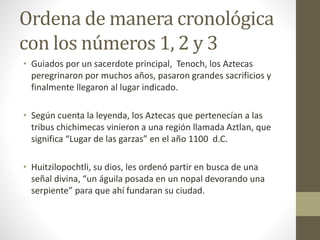 Ordena de manera cronológica
con los números 1, 2 y 3
• Guiados por un sacerdote principal, Tenoch, los Aztecas
peregrinaron por muchos años, pasaron grandes sacrificios y
finalmente llegaron al lugar indicado.
• Según cuenta la leyenda, los Aztecas que pertenecían a las
tribus chichimecas vinieron a una región llamada Aztlan, que
significa “Lugar de las garzas” en el año 1100 d.C.
• Huitzilopochtli, su dios, les ordenó partir en busca de una
señal divina, “un águila posada en un nopal devorando una
serpiente” para que ahí fundaran su ciudad.
 