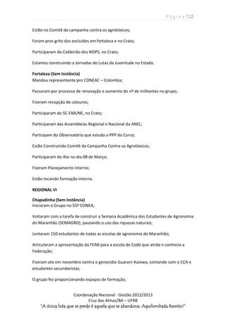 P á g i n a | 22
Coordenação Nacional - Gestão 2012/2013
Cruz das Almas/BA – UFRB
“A única luta que se perde é aquela que se abandona: Aquilombada Resisto!”
Estão no Comitê da campanha contra os agrotóxicos;
Foram pros grito dos excluídos em fortaleza e no Crato;
Participaram do Caldeirão dos MSPS, no Crato;
Estamos construindo a Jornadas de Lutas da Juventude no Estado.
Fortaleza (Sem Instância)
Mandou representante pro CONEAC – Colombia;
Passaram por processo de renovação e aumento do nº de militantes no grupo;
Fizeram recepção de calouros;
Participaram do SC-ERA/NE, no Crato;
Participaram das Assembleias Regional e Nacional da ANEL;
Participam do Observatório que estuda o PPP do Curso;
Estão Construindo Comitê da Campanha Contra os Agrotóxicos;
Participaram do Ato no dia 08 de Março;
Fizeram Planejamento Interno;
Estão tocando formação interna.
REGIONAL VI
Chapadinha (Sem Instância)
Iniciaram o Grupo no 55º CONEA;
Voltaram com a tarefa de construir a Semana Acadêmica dos Estudantes de Agronomia
do Maranhão (SEMAGRO), pautando o uso das riquezas naturais;
Juntaram 150 estudantes de todas as escolas de agronomia do Maranhão;
Articularam a apresentação da FEAB para a escola de Codó que ainda n conhecia a
Federação;
Fizeram ato em novembro contra o genocídio Guarani-Kaiowa, contando com o CCA e
estudantes secundaristas;
O grupo fez proporcionando espaços de formação;
 