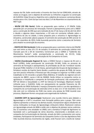 repasse da CN; Estão construindo o Encontro do Cone Sul da CONCLAEA, através de
visitas ao Uruguai, com o objetivo de estimular os militantes uruguaios na construção
do CLACEEA; Felipe foi para a Argentina com o objetivo de convocar a presença dessas
escolas para o Enc. Cone Sul que será nos dias 2 a 4 de Novembro no assentamento do
MST Tupã.

- BELÉM (CO ERA Norte): Estão se preparando para realizar o 1º ERA/N; Estão
passando por um processo de renovação; Fizeram o planejamento junto com a ABEEF
para a construção do ERA que será realizado do dia 27 de março a 02 de abril de 2013
e devido a algumas datas importantes, a CO esta em constante reflexão sobre a
ocorrência do ato na cidade, o tema proposto para o encontro é: Agroecologia na
Amazônia, construindo saberes popular; O seminário de construção do ERA será de 15
a 17 de novembro de 2012; Estão buscando parcerias como a executiva de farmácia
para ampliar na construção do encontro.

- CRATO (CO ERA Nordeste): Estão se preparando para o seminário interno do ERA/NE
que será entre os dias 19 e 21 de outubro; O seminário de construção coletivo está
marcado para 01 a 04 de novembro; Construíram pós o CONEA o “Caldeirão dos
Movimentos Sociais”; estão acompanhando a construção do EIV-CE; Estão
acompanhando as reuniões de articulação da Via Campesina no Ceará.

- VIÇOSA (Coordenação Regional 3): Após o CONEA fizeram o repasse da R3 com a
Rural (UFRRJ); Estão participando da construção EIV-MG; Estão no processo de
seminário de formação e planejamento; As prioridades da CR são: Fortalecer escolas
do grupo FEAB, trabalhar o C.A de Viçosa, aproximação dos Grupos de Agroecologia e a
fortalecer escolas do Espírito Santo devido a ausência dos grupos de FEAB, de Lavras
que tem poucos militantes e Florestal que não consegue se organizar na FEAB e estão
trabalhado no CA iniciando o projeto Mata Atlântica; O trabalho da regional será em
conjunto da ABEEF; Lavras é AN da ENEBIO; Darão ênfase na campanha contra os
agrotóxicos e trabalharão a campanha de formação profissional; Irão acompanhar o
NTP de Gênero e Sexualidade e o NTP de Ciências & Tecnologia; Objetivam mandar
militante para o CLACEEA; Estão em planejamento da questão financeira da CR;
Participarão do ENGA facilitando 2 espaços (Campanha contra o uso dos agrotóxicos e
Campanha da curricularização da extensão) entre os dias 13 e 17 de novembro; O CA
não está com os militantes da FEAB mas existe uma pessoa da FEAB tocando esse
processo; Objetivam formar uma grupo auto organizado de mulheres.

- JUAZEIRO (NTP de Agroecologia): Realizaram uma reunião interna para debater a
Agroecologia e o NTP e visualizam mais formação política para o grupo; Têm como
objetivo apresentar a instancia nas demais escolas; Incorporaram alguns estudantes de
outras instituições no Grupo de Agroecologia Umbuzeiro (GAU); Realizaram vivência
em Agroecologia através do MAB e estão com o objetivo de planejar outras vivências;
Dia 12 aconteceu uma atividade na UNEB, com a temática O Papel do Agrônomo na
Sociedade com a participação de vários docentes, relacionando a atividade com a
campanha da Curricularização da Extensão, através do GAU e juntamente com outras
entidades; Participaram do Seminário da Campanha Contra o Uso dos Agrotóxicos Pela
Vida reunindo diversos movimentos da região, onde ficaram com a tarefa de realizar
 