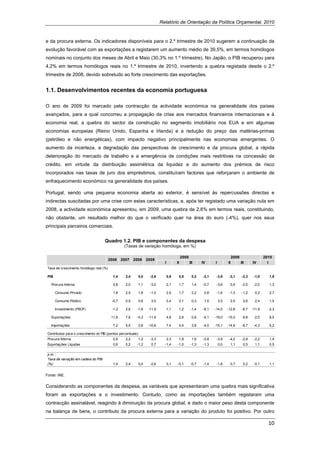 Relatório de Orientação da Política Orçamental, 2010


e da procura externa. Os indicadores disponíveis para o 2.º trimestre de 2010 sugerem a continuação da
evolução favorável com as exportações a registarem um aumento médio de 39,5%, em termos homólogos
nominais no conjunto dos meses de Abril e Maio (30,3% no 1.º trimestre). No Japão, o PIB recuperou para
4,2% em termos homólogos reais no 1.º trimestre de 2010, invertendo a quebra registada desde o 2.º
trimestre de 2008, devido sobretudo ao forte crescimento das exportações.


1.1. Desenvolvimentos recentes da economia portuguesa

O ano de 2009 foi marcado pela contracção da actividade económica na generalidade dos países
avançados, para a qual concorreu a propagação da crise aos mercados financeiros internacionais e à
economia real, a quebra do sector da construção no segmento imobiliário nos EUA e em algumas
economias europeias (Reino Unido, Espanha e Irlanda) e a redução do preço das matérias-primas
(petróleo e não energéticas), com impacto negativo principalmente nas economias emergentes. O
aumento da incerteza, a degradação das perspectivas de crescimento e da procura global, a rápida
deterioração do mercado de trabalho e a emergência de condições mais restritivas na concessão de
crédito, em virtude da distribuição assimétrica da liquidez e do aumento dos prémios de risco
incorporados nas taxas de juro dos empréstimos, constituíram factores que reforçaram o ambiente de
enfraquecimento económico na generalidade dos países.

Portugal, sendo uma pequena economia aberta ao exterior, é sensível às repercussões directas e
indirectas suscitadas por uma crise com estas características, e, após ter registado uma variação nula em
2008, a actividade económica apresentou, em 2009, uma quebra de 2,6% em termos reais, constituindo,
não obstante, um resultado melhor do que o verificado quer na área do euro (-4%), quer nos seus
principais parceiros comerciais.


                                        Quadro 1.2. PIB e componentes da despesa
                                                     (Taxas de variação homóloga, em %)

                                                                                                 2008                                 2009                   2010
                                            2006    2007    2008       2009
                                                                                  I         II          III     IV     I         II          III     IV        I
    Taxa de crescimento homólogo real (%)

    PIB                                       1,4     2,4        0,0     -2,6         0,9    0,8          0,2   -2,1    -3,9      -3,1       -2,3     -1,0     1,8

      Procura Interna                         0,8     2,0        1,1     -3,0         2,1    1,7          1,4   -0,7    -3,6      -3,9       -2,5     -2,0     1,3

          Consumo Privado                     1,8     2,5        1,8     -1,0         2,5    1,7          2,2    0,8    -1,6      -1,3       -1,2      0,2     2,7

          Consumo Público                    -0,7     0,5        0,6     3,0          0,4    0,1          0,3    1,5       3,5    2,5          3,6     2,4     1,5

          Investimento (FBCF)                -1,3     2,6    -1,8       -11,9         1,1    1,2        -1,4    -8,1   -14,0     -12,8       -8,7    -11,9     -2,3

      Exportações                            11,6     7,6    -0,3       -11,8         4,8    2,6          0,8   -9,1   -19,0     -15,5       -9,8     -2,0     8,5

      Importações                             7,2     5,5        2,8    -10,8         7,4    4,4          3,8   -4,0   -15,1     -14,8       -8,7     -4,3     5,2

    Contributos para o crescimento do PIB (pontos percentuais)
    Procura Interna                           0,9     2,2        1,2     -3,3         2,3    1,8          1,6   -0,8    -3,9      -4,2       -2,8     -2,2     1,4
    Exportações Líquidas                      0,6     0,2    -1,2         0,7     -1,4      -1,0        -1,3    -1,3       0,0     1,1         0,5     1,1     0,5

    p.m. :
    Taxa de variação em cadeia do PIB
    (%)                                       1,4     2,4        0,0     -2,6         0,1   -0,1        -0,7    -1,4    -1,8       0,7         0,2    -0,1     1,1


Fonte: INE.


Considerando as componentes da despesa, as variáveis que apresentaram uma quebra mais significativa
foram as exportações e o investimento. Contudo, como as importações também registaram uma
contracção assinalável, reagindo à diminuição da procura global, e dado o maior peso desta componente
na balança de bens, o contributo da procura externa para a variação do produto foi positivo. Por outro

                                                                                                                                                               10 
 
 