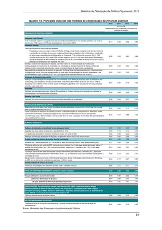 Relatório de Orientação da Política Orçamental, 2010


          Quadro 1.6. Principais impactos das medidas de consolidação das finanças públicas
                                                                                                                     2010        2011        2012         2013
                                                                                                                                    Em % do PIB
                                                                                                                 efeitos directos por comparação com cenário de
                                                                                                                               ausência de medidas
    DIMINUIÇÃO DE DESPESA CORRENTE


    Despesas com Pessoal
    Forte contenção salarial e congelamento da admissão de trabalhadores em funções públicas, de modo a
                                                                                                                      0,11        0,36        0,58         0,84
    reduzir para 10% o peso no PIB das despesas com pessoal em 2013
    Despesas Sociais
    Definição de tectos e diminuição de despesa
           Prestações sociais do regime não contributivo da Segurança Social (congelamento do valor nominal
           e aplicação de condição de recursos na generalidade das prestações não contributivas, e definição
           de tecto para a transferência do Orçamento do Estado de 7100 milhões de euros em 2011, 7000
                                                                                                                      0,08        0,29        0,45         0,54
           milhões de euros em 2012 e de 6900 milhões de euros em 2013, do qual, tecto para o Rendimento
           Social de Inserção de 400 milhões de euros em 2011 e de 370 milhões de euros em 2012 em 2013);
           phasing-out antecipado das medidas anti-crise
    Gestão e controlo de despesas em Saúde - controlo interno e implementação de modelos de
    contratualização e mecnismos de incentivos nas entidades do Serviço Nacional de Saúde, política de                0,00        0,20        0,30         0,39
    medicamentos, prescrição electrónica e meios complementares de diagnóstico e terapêutica
    Aceleração da convergência do regime de pensões da Caixa Geral de Aposentações com o Regime Geral
    da Segurança Social, incluindo a antecipação da nova regra de penalização de pensão antecipada e da               0,00        0,03        0,05         0,06
    plena entrada em vigor, já entre 2012 e 2013, do requisito da idade de reforma aos 65 anos
    Despesas de Consumo Intermédio
    Redução e racionalização de despesas de funcionamento, com definição de tectos para as despesas em
    outsourcing , com projectos, estudos, pareceres e consultoria (90 milhões de euros por ano) e para as
                                                                                                                      0,07        0,30        0,19         0,20
    despesas com material militar (revisão da Lei da Programação Militar com redução de 40% nas dotações
    previstas para cada ano)
    Subsídios
    Redução das transferências para o Sector Empresarial do Estado, reforçando a adopção de medidas de
                                                                                                                      0,05        0,08        0,08         0,08
    racionalização e sustentabilidade financeira
    Despesa com Juros
    Redução dos juros da dívida pública decorrente das operações de privatização                                      0,00        0,03        0,07         0,10


    DIMINUIÇÃO DE DESPESA DE CAPITAL
    Adiamento, por dois anos, das linhas ferroviárias de alta velocidade Lisboa-Porto e Porto-Vigo, de forma a
                                                                                                                      0,00        0,00        0,13         0,19
    evitar o impacto financeiro até 2013
    Outras reduções de despesa de capital (incluindo a não assumpção de compromissos relativos a novas
    concessões rodoviárias e regresso progressivo a níveis de investimento pré-crise e redução das
                                                                                                                      0,22        0,71        0,88         1,02
    transferências para a Administração Local e para o SEE, visando a adopção de medidas de racionalização e
    sustentabilidade financeira)

    AUMENTO DE RECEITA


    Redução de deduções e benefícios fiscais (despesa fiscal)                                                         0,00        0,45        0,46         0,46
    Sujeição das mais-valias mobiliárias a taxa de IRS de 20%                                                         0,00        0,14        0,14         0,14
    Limitação das deduções à colecta e benefícios fiscais em sede de IRS                                              0,00        0,26        0,26         0,26
    Redução da dedução específica de IRS para as pensões acima de 22.500 euros anuais                                 0,00        0,06        0,06         0,06
    Outras medidas de reforço da receita fiscal e contributiva                                                        0,63        1,50        1,56         1,61
    Aumento em 1 ponto percentual (p.p.) de todas as taxas do Imposto sobre o Valor Acrescentado (IVA)                0,27        0,66        0,64         0,62
    Tributação adicional em sede de IRS, mediante o aumento em 1 p.p. das taxas gerais aplicáveis até ao 3.º
    escalão de rendimentos ; em 1.5 p.p. para rendimentos a partir do 4.º escalão; e em 1,5 p.p. nas taxas            0,23        0,44        0,43         0,41
    liberatórias de IRS
    Tributação adicional em sede de Imposto sobre o Rendimento das Pessoas Colectivas (IRC), aplicando
    uma sobretaxa correspondente a uma derrama de 2.5 p.p. às empresas cujo lucro tributável seja superior a          0,09        0,23        0,22         0,21
    2 milhões de euros
    Alargamento e controlo da base contributiva da Segurança Social e tributação extraordinária em IRS à taxa
                                                                                                                      0,04        0,17        0,27         0,37
    de 45% dos rendimentos colectáveis superiores a 150 mil euros
    Outras medidas de reforço da receita
    Introdução de portagens em vias Sem Custos para o Utilizador (SCUT)                                               0,00        0,11        0,11         0,11


    TOTAL DA POUPANÇA ORÇAMENTAL (atribuível a estas medidas)                                                         1,16        3,95        4,75         5,49


    Da qual: atribuível a aumento de receita                                                                          0,63        1,95        2,02         2,07
            atribuível à diminuição de despesa                                                                        0,53        2,00        2,73         3,41
                da qual: atribuível à diminuição de despesa primária                                                  0,53        1,97        2,67         3,32

    PRIVATIZAÇÕES: nos sectores de energia (Galp Energia, EDP, REN), construção naval e defesa
    (Estaleiros Navais de Viana de Castelo, Edisoft, Eid, Empordef IT), transporte aéreo (ANA e TAP) e
    ferroviário (CP Carga e EMEF), financeiro (BPN e Caixa Seguros), comunicações (CTT), e distribuição de
    papel (INAPA) e concessão de exploração de linhas da CP
    Efeito de redução anual da dívida pública                                                                         0,00        0,98        0,78         0,65


    SECTOR EMPRESARIAL DO ESTADO
    Estabelecimento de limites ao endividamento - impacto da desaceleração da taxa de variação do
                                                                                                                      0,00        0,69        0,78         0,92
    endividamento
Fonte: Ministério das Finanças e da Administração Pública.


                                                                                                                                                             19 
 
 