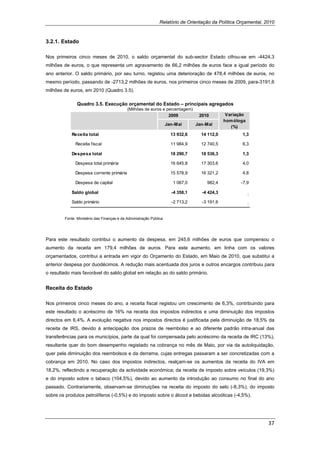 Relatório de Orientação da Política Orçamental, 2010



3.2.1. Estado

Nos primeiros cinco meses de 2010, o saldo orçamental do sub-sector Estado cifrou-se em -4424,3
milhões de euros, o que representa um agravamento de 66,2 milhões de euros face a igual período do
ano anterior. O saldo primário, por seu turno, registou uma deterioração de 478,4 milhões de euros, no
mesmo período, passando de -2713,2 milhões de euros, nos primeiros cinco meses de 2009, para-3191,6
milhões de euros, em 2010 (Quadro 3.5).

               Quadro 3.5. Execução orçamental do Estado – principais agregados
                                            (Milhões de euros e percentagem)
                                                                 2009             2010         Variação
                                                                                              hom óloga
                                                                    Jan-Mai      Jan-Mai
                                                                                                 (%)
            Receita total                                             13 932,6     14 112,0          1,3

              Receita fiscal                                          11 984,9     12 740,5          6,3

            Despesa total                                             18 290,7     18 536,3          1,3

              Despesa total primária                                  16 645,8     17 303,6          4,0

              Despesa corrente primária                               15 578,9     16 321,2          4,8

              Despesa de capital                                       1 067,0       982,4           -7,9

            Saldo global                                              -4 358,1     -4 424,3               :
            Saldo primário                                            -2 713,2     -3 191,6               :


        Fonte: Ministério das Finanças e da Administração Pública




Para este resultado contribui o aumento da despesa, em 245,6 milhões de euros que compensou o
aumento da receita em 179,4 milhões de euros. Para este aumento, em linha com os valores
orçamentados, contribui a entrada em vigor do Orçamento do Estado, em Maio de 2010, que substitui a
anterior despesa por duodécimos. A redução mais acentuada dos juros e outros encargos contribuiu para
o resultado mais favorável do saldo global em relação ao do saldo primário.


Receita do Estado

Nos primeiros cinco meses do ano, a receita fiscal registou um crescimento de 6,3%, contribuindo para
este resultado o acréscimo de 16% na receita dos impostos indirectos e uma diminuição dos impostos
directos em 6,4%. A evolução negativa nos impostos directos é justificada pela diminuição de 18,5% da
receita de IRS, devido à antecipação dos prazos de reembolso e ao diferente padrão intra-anual das
transferências para os municípios, parte da qual foi compensada pelo acréscimo da receita de IRC (13%),
resultante quer do bom desempenho registado na cobrança no mês de Maio, por via da autoliquidação,
quer pela diminuição dos reembolsos e da derrama, cujas entregas passaram a ser concretizadas com a
cobrança em 2010. No caso dos impostos indirectos, realçam-se os aumentos da receita do IVA em
18,2%, reflectindo a recuperação da actividade económica; da receita de imposto sobre veículos (19,3%)
e do imposto sobre o tabaco (104,5%), devido ao aumento da introdução ao consumo no final do ano
passado. Contrariamente, observam-se diminuições na receita do imposto do selo (-8,3%), do imposto
sobre os produtos petrolíferos (-0,5%) e do imposto sobre o álcool e bebidas alcoólicas (-4,5%).




                                                                                                                37 
 
 