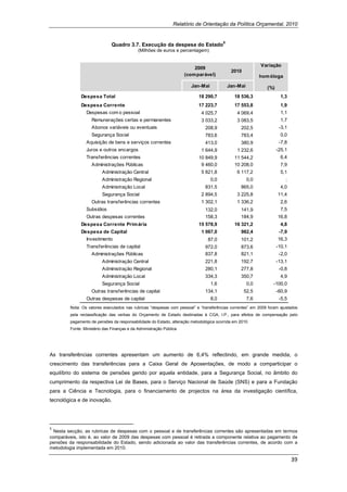 Relatório de Orientação da Política Orçamental, 2010


                                           Quadro 3.7. Execução da despesa do Estado5
                                                               (Milhões de euros e percentagem)


                                                                                                                        Variação
                                                                                       2009
                                                                                                         2010
                                                                                   (com parável)                        hom óloga

                                                                                       Jan-Mai          Jan-Mai            (%)
                      Despesa Total                                                       18 290,7        18 536,3                1,3
                      Despesa Corrente                                                    17 223,7        17 553,8                1,9
                         Despesas com o pessoal                                            4 025,7         4 069,4                1,1
                             Remunerações certas e permanentes                             3 033,2         3 083,5                1,7
                             Abonos variáveis ou eventuais                                   208,9           202,5                -3,1
                             Segurança Social                                                783,6           783,4                0,0
                         Aquisição de bens e serviços correntes                              413,0           380,9                -7,8
                         Juros e outros encargos                                           1 644,9         1 232,6               -25,1
                         Transferências correntes                                         10 849,9        11 544,2                6,4
                             Administrações Públicas                                       9 460,0        10 208,0                7,9
                                    Administração Central                                  5 821,8         6 117,2                5,1
                                    Administração Regional                                        0,0             0,0               :
                                    Administração Local                                      831,5           865,0                4,0
                                    Segurança Social                                       2 894,5         3 225,8               11,4
                             Outras transferências correntes                               1 302,1         1 336,2                2,6
                         Subsídios                                                           132,0           141,9                7,5
                         Outras despesas correntes                                           158,3           184,9               16,8
                      Despesa Corrente Prim ária                                          15 578,9        16 321,2                4,8
                      Despesa de Capital                                                   1 067,0           982,4                -7,9
                         Investimento                                                         87,0           101,2               16,3
                         Transferências de capital                                           972,0           873,6               -10,1
                             Administrações Públicas                                         837,8           821,1                -2,0
                                    Administração Central                                    221,8           192,7               -13,1
                                    Administração Regional                                   280,1           277,8                -0,8
                                    Administração Local                                      334,3           350,7                4,9
                                    Segurança Social                                              1,6             0,0        -100,0
                             Outras transferências de capital                                134,1              52,5             -60,9
                         Outras despesas de capital                                               8,0             7,6             -5,5
              Nota: Os valores executados nas rubricas “despesas com pessoal” e “transferências correntes” em 2009 foram ajustados
              pela reclassificação das verbas do Orçamento de Estado destinadas à CGA, I.P., para efeitos de compensação pelo
              pagamento de pensões da responsabilidade do Estado, alteração metodológica ocorrida em 2010.
              Fonte: Ministério das Finanças e da Administração Pública




As transferências correntes apresentam um aumento de 6,4% reflectindo, em grande medida, o
crescimento das transferências para a Caixa Geral de Aposentações, de modo a comparticipar o
equilíbrio do sistema de pensões gerido por aquela entidade, para a Segurança Social, no âmbito do
cumprimento da respectiva Lei de Bases, para o Serviço Nacional de Saúde (SNS) e para a Fundação
para a Ciência e Tecnologia, para o financiamento de projectos na área da investigação científica,
tecnológica e de inovação.



                                                            
5
   Nesta secção, as rubricas de despesas com o pessoal e de transferências correntes são apresentadas em termos
comparáveis, isto é, ao valor de 2009 das despesas com pessoal é retirada a componente relativa ao pagamento de
pensões da responsabilidade do Estado, sendo adicionada ao valor das transferências correntes, de acordo com a
metodologia implementada em 2010. 

                                                                                                                                         39 
 
 