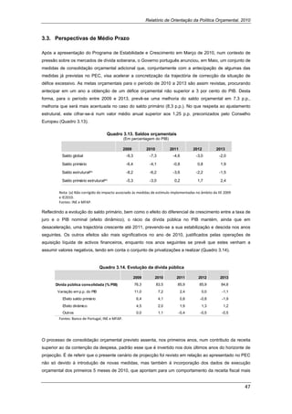 Relatório de Orientação da Política Orçamental, 2010



3.3. Perspectivas de Médio Prazo

Após a apresentação do Programa de Estabilidade e Crescimento em Março de 2010, num contexto de
pressão sobre os mercados de dívida soberana, o Governo português anunciou, em Maio, um conjunto de
medidas de consolidação orçamental adicional que, conjuntamente com a antecipação de algumas das
medidas já previstas no PEC, visa acelerar a concretização da trajectória de correcção da situação de
défice excessivo. As metas orçamentais para o período de 2010 a 2013 são assim revistas, procurando
antecipar em um ano a obtenção de um défice orçamental não superior a 3 por cento do PIB. Desta
forma, para o período entre 2009 e 2013, prevê-se uma melhoria do saldo orçamental em 7,3 p.p.,
melhoria que será mais acentuada no caso do saldo primário (8,3 p.p.). No que respeita ao ajustamento
estrutural, este cifrar-se-á num valor médio anual superior aos 1,25 p.p. preconizados pelo Conselho
Europeu (Quadro 3.13).

                                        Quadro 3.13. Saldos orçamentais
                                               (Em percentagem do PIB)

                                               2009              2010           2011         2012      2013
            Saldo global                           -9,3            -7,3          -4,6         -3,0      -2,0

            Saldo primário                         -6,4            -4,1          -0,8         0,8        1,9

            Saldo estrutural  (a)
                                                   -8,2            -6,2          -3,6         -2,2      -1,5

            Saldo primário estrutural (a)
                                                   -5,3            -3,0           0,2         1,7        2,4

        Nota: (a) Não corrigido do impacto associado às medidas de estímulo implementadas no âmbito da IIE 2009 
        e IE2010.  
        Fontes: INE e MFAP.  
         
Reflectindo a evolução do saldo primário, bem como o efeito do diferencial de crescimento entre a taxa de
juro e o PIB nominal (efeito dinâmico), o rácio da dívida pública no PIB mantém, ainda que em
desaceleração, uma trajectória crescente até 2011, prevendo-se a sua estabilização e descida nos anos
seguintes. Os outros efeitos são mais significativos no ano de 2010, justificados pelas operações de
aquisição líquida de activos financeiros, enquanto nos anos seguintes se prevê que estes venham a
assumir valores negativos, tendo em conta o conjunto de privatizações a realizar (Quadro 3.14).

         
                                    Quadro 3.14. Evolução da dívida pública

                                                          2009        2010         2011        2012      2013
      Dívida pública consolidada (% PIB)                  76,3          83,5       85,9        85,9      84,8
       Variação em p.p. do PIB                            11,0            7,2          2,4       0,0      -1,1
            Efeito saldo primário                          6,4            4,1          0,8      -0,8      -1,9
            Efeito dinâmico                                4,5            2,0          1,9       1,3      1,2
            Outros                                         0,0            1,1       -0,4        -0,5      -0,5
        Fontes: Banco de Portugal, INE e MFAP.  




O processo de consolidação orçamental previsto assenta, nos primeiros anos, num contributo da receita
superior ao da contenção da despesa, padrão esse que é invertido nos dois últimos anos do horizonte de
projecção. É de referir que o presente cenário de projecção foi revisto em relação ao apresentado no PEC
não só devido à introdução de novas medidas, mas também à incorporação dos dados de execução
orçamental dos primeiros 5 meses de 2010, que apontam para um comportamento da receita fiscal mais


                                                                                                                   47 
 
 