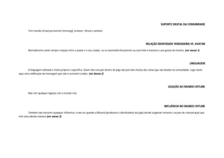 SUPORTE DIGITAL DA COMUNIDADE

        Tem mundo virtual persistente (mmorpg), browser, fóruns e website



                                                                                                                 RELAÇÃO IDENTIDADE VERDADEIRA VS. AVATAR

        Normalmente existe sempre relação entre o avatar e o seu criador, ou se assemelha fisicamente ou esta feito à maneira e aos gostos do mesmo. (ver anexo 1)



                                                                                                                                                         LINGUAGEM

       A linguagem utilizada e muito própria e específica. Quem não esta por dentro do jogo não percebe muitas das coisas que são faladas na comunidade. Logo existe
aqui uma codificação da mensagem que não é acessível a todos. (ver Anexo 2)



                                                                                                                                     LIGAÇÃO AO MUNDO OFFLINE

        Não tem qualquer ligação com o mundo real.



                                                                                                                                  INFLUÊNCIA NO MUNDO OFFLINE

       Também não encontro qualquer influência, a não ser quando a Blizzard (produtora e distribuidora do jogo) decide organizar torneios e acções de comunicação que
têm uma adesão massiva (ver anexo 3)
 