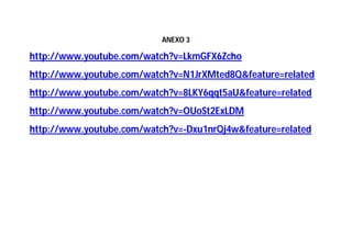 ANEXO 3

http://www.youtube.com/watch?v=LkmGFX6Zcho
http://www.youtube.com/watch?v=N1JrXMted8Q&feature=related
http://www.youtube.com/watch?v=8LKY6qqt5aU&feature=related
http://www.youtube.com/watch?v=OUoSt2ExLDM
http://www.youtube.com/watch?v=-Dxu1nrQj4w&feature=related
 