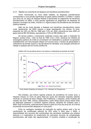 Projeto Convergência

2.2.2   Rapidez do crescimento da despesa com benefícios previdenciários
       Como mencionado ao início deste trabalho, as despesas previdenciárias
correspondem a uma parcela significativa do gasto público brasileiro. O Gráfico 1 mostra
que cerca de um terço da despesa federal é direcionada ao pagamento de benefícios
previdenciários do INSS, e outra parcela significativa ao pagamento de despesas de
pessoal e encargos da União, incluído aí o regime próprio de previdência dos servidores
públicos federais.
       Além de ser muito elevada, a despesa com benefícios previdenciários cresce
muito rapidamente. No INSS cresceu a taxas estonteantes nos últimos 18 anos,
passando de 2,6% do PIB em 1988 para 7,5% em 2005, prevendo-se para 2006 um
gasto total de R$ 165 bilhões, equivalentes a 7,8% do PIB (Gráfico 2).
         No serviço público o crescimento acelerado ocorreu logo após a instituição do
Regime Jurídico Único - RJU ao final de 1990. Com o RJU, centenas de milhares de
empregados públicos da União se converteram em estatutários e puderam se aposentar
imediatamente com remuneração integral. Em poucos anos o número de aposentados e
instituidores de pensão superou o de servidores em atividade, uma situação anômala em
relação a qualquer país do mundo (Gráfico 8).


        Gráfico 8 Nº de servidores ativos e de inativos e instituidores de pensão da União*


                      1050
           Milhares




                      1000


                       950


                       900


                       850


                       800


                       750
                             1995   1996   1997    1998   1999   2000   2001   2002    2003   2004   2005

                                                     Ativos       Aposen+Inst_Pensão

          Fonte: Boletim Estatístico de Pessoal nº 116 – Ministério do Planejamento.



       Nos Estados, que tinham regimes próprios de previdência há muitos anos, a
despesa cresceu no início do plano Real por causa dos elevados reajustes salariais
nominais no período de baixa inflação. Nas Prefeituras, a despesa, ainda modesta até
meados dos anos 1990, cresceu rapidamente a partir dessa época porque esses entes
da federação passaram a constituir regimes próprios, deixando de contribuir para o
INSS. Esse movimento, particularmente intenso a partir do início dos anos 90, foi a forma
encontrada de economizar despesas no curto prazo.
       Entre as vantagens imediatas da instituição de regime próprio está o fim do
recolhimento da contribuição patronal de 20% sobre a folha para o INSS, a
disponibilidade dos recursos das contribuições dos servidores recolhidas aos próprios
tesouros e a expectativa do recebimento de volumosos recursos da compensação
previdenciária, até então não regulamentada. O incentivo imediato à constituição de


                                                                                                            11
 