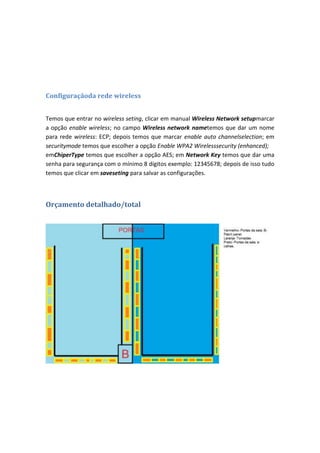 Configuraçãoda rede wireless


Temos que entrar no wireless seting, clicar em manual Wireless Network setupmarcar
a opção enable wireless; no campo Wireless network nametemos que dar um nome
para rede wireless: ECP; depois temos que marcar enable auto channelselection; em
securitymode temos que escolher a opção Enable WPA2 Wirelesssecurity (enhanced);
emChiperType temos que escolher a opção AES; em Network Key temos que dar uma
senha para segurança com o mínimo 8 dígitos exemplo: 12345678; depois de isso tudo
temos que clicar em saveseting para salvar as configurações.



Orçamento detalhado/total
 