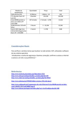 Modelo do            Quantidade            Preço                   Total
      equipamento
Calha técnico PVC           52 Metros          1 Metro – 1€               52€
771-Bastidor Rack 19º       1 Bastidor           136,50€                136,50€
com 6U
Caixa 80X80 parede ou       30 Tomadas       1 Tomada – 3,78€            113,4€
duto com 1RJ45 UTP
Cat6 568B
DLINK Wireless 150 with      1 Router           1 – 32,26€               32,26€
4Port
Switch SMC Edge Core         2 Switch             1-179€                  358€
24X10/100+4GigaCombo
Rack 19º - ES3528M




Considerações finais

Para verificar o wireless temos que localizar na rede wireles: ECP; utilizando o software
do seu sistema operativo
Introduzimos a senha de segurança e fazemos conecção; confirme o acesso a internet
a acesso a um site a sua preferência.~




Referências
http://www.tecforsis.pt/produto.asp?idproduto=2121
http://www.efcis.pt/catalogo/detalhes_produto.php?id=195
http://www.chip7.pt/catalogo/detalhes_produto.php?id=50362

http://www.izideal.pt/p13990403/dlink-wireless-150-with-4port/

http://www.cablematic.pt/Componentes-de-rede-Ethernet/Caixa-80x80-parede-ou-duto-
com-1-RJ45-UTP-Cat6-568B/?pag=5
http://www.bakaus-portugal.com/index.php?act=viewProd&productId=488
 