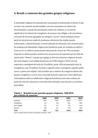 4
4. Brasil: o contexto dos grandes grupos religiosos
A identidade religiosa tem passado por uma grande transformação no Brasil. O que
se nota é um aumento da diversidade, com um crescimento no número de
denominações, a queda da participação relativa de católicos, e o aumento
significativo do número de evangélicos, de pessoas sem religião, e de um número
crescente de minorias agregadas na categoria “outros”. Estas mudanças fazem
parte de um processo amplo de mudanças estruturais tão amplas quanto
urbanização, a industrialização, a universalização da educação e das comunicações.
As mudanças da identidade religiosa dos brasileiros pode ser avaliada na tabela 1.
Como se vê, os católicos praticamente deixaram de crescer de 1991 em diante,
enquanto os demais grupos mantiveram um processo de expansão que já vinha de
muito antes. “Outros”, o grupo que agrega as diversas minorias religiosas do país,
que nem chegava a um milhão de pessoas em 1940, chegou a 2010 com um
expressivo contingente de mais de 18 milhões, quase 10% da população total. Já
evangélicos, com 35 milhões, formam o segundo maior contingente, seguidos pelos
outros, e pelos sem-religião. Vale ressaltar que o número de categorias dentro dos
grupos evangélicos e outros vem crescendo de forma expressiva. Uma tabela que
contemplasse todas as subdivisões religiosas brasileiras seria mais realista, do
ponto de vista de comunicar a crescente diversificação, mas tornaria a sua leitura
mais difícil.
Tabela 1. Brasileiros por grandes grupos religiosos, 1940-2010
(em milhões de pessoas)
1940 1970 1991 2010
Católicos 39,2 85,5 121,8 122,7
Evangélicos 1,1 4,8 13,2 34,6
Sem religião 0,1 0,7 6,9 15,3
Outros 0,8 2,1 4,3 18,1
Total 41,2 93,1 146,8 190,8
Fonte: Fundação Instituto Brasileiro de Geografia e Estatística – IBGE
 