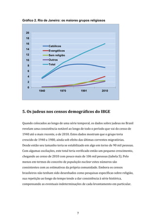 7
Gráfico 2. Rio de Janeiro: os maiores grupos religiosos
5. Os judeus nos censos demográficos do IBGE
Quando colocados ao longo de uma série temporal, os dados sobre judeus no Brasil
revelam uma consistência notável ao longo de todo o período que vai do censo de
1940 até o mais recente, o de 2010. Estes dados mostram que o grupo teria
crescido de 1940 a 1980, ainda sob efeito das últimas correntes migratórias.
Desde então seu tamanho teria se estabilizado em algo em torno de 90 mil pessoas.
Com algumas oscilações, este total teria verificado então um pequeno crescimento,
chegando ao censo de 2010 com pouco mais de 106 mil pessoas (tabela 5). Pelo
menos em termos do conceito de população nuclear estes números são
consistentes com as estimativas da própria comunidade. Embora os censos
brasileiros não tenham sido desenhados como pesquisas específicas sobre religião,
sua repetição ao longo do tempo tende a dar consistência à série histórica,
compensando as eventuais indeterminações de cada levantamento em particular.
0
2
4
6
8
10
12
14
16
18
20
1940 1970 1991 2010
Católicos
Evangélicos
Sem religião
Outros
Total
 