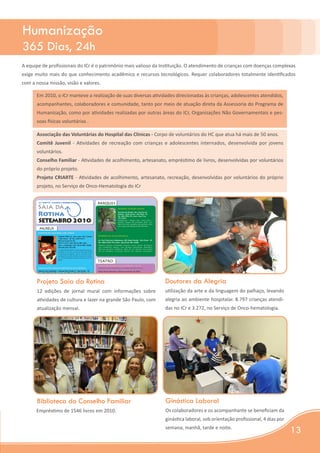 Humanização
365 Dias, 24h
A equipe de profissionais do ICr é o patrimônio mais valioso da Instituição. O atendimento de crianças com doenças complexas
exige muito mais do que conhecimento acadêmico e recursos tecnológicos. Requer colaboradores totalmente identificados
com a nossa missão, visão e valores.

      Em 2010, o ICr manteve a realização de suas diversas atividades direcionadas às crianças, adolescentes atendidos,
      acompanhantes, colaboradores e comunidade, tanto por meio de atuação direta da Assessoria do Programa de
      Humanização, como por atividades realizadas por outras áreas do ICr, Organizações Não Governamentais e pes-
      soas físicas voluntárias .

      Associação das Voluntárias do Hospital das Clínicas - Corpo de voluntários do HC que atua há mais de 50 anos.
      Comitê Juvenil - Atividades de recreação com crianças e adolescentes internados, desenvolvida por jovens
      voluntários.
      Conselho Familiar - Atividades de acolhimento, artesanato, empréstimo de livros, desenvolvidas por voluntários
      do próprio projeto.
      Projeto CRIARTE - Atividades de acolhimento, artesanato, recreação, desenvolvidas por voluntários do próprio
      projeto, no Serviço de Onco-Hematologia do ICr




      Projeto Saia da Rotina                                    Doutores da Alegria
      12 edições de jornal mural com informações sobre          utilização da arte e da linguagem do palhaço, levando
      atividades de cultura e lazer na grande São Paulo, com    alegria ao ambiente hospitalar. 8.797 crianças atendi-
      atualização mensal.                                       das no ICr e 3.272, no Serviço de Onco-hematologia.




      Biblioteca do Conselho Familiar                            Ginástica Laboral
      Empréstimo de 1546 livros em 2010.                         Os colaboradores e os acompanhante se beneficiam da
                                                                 ginástica laboral, sob orientação profissional, 4 dias por
                                                                 semana, manhã, tarde e noite.
                                                                                                                              13
 
