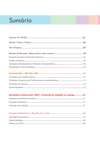 Sumário

Sistema HC FMUSP.............................................................................................................06

Missão, Visão e Valores.....................................................................................................06

Alta Direção.........................................................................................................................08

Gestão de Pessoas - Nosso ativo mais valioso................................................09
Propósito do Centro de Gestão de Pessoas..........................................................................................10
Gestão de Pessoas......................................................................................................................................10
Avaliação de Desempenho e Avaliação de Competências.................................................................10
Capacitação e Desenvolvimento..............................................................................................................10


Humanização - 365 dias, 24h..........................................................................11
Atividades para Colaboradores..............................................................................................................13
Atividades Conjuntas para Colaboradores e Acompanhantes..........................................................13
Atividades em Parceria..............................................................................................................................13
Classe Hospitalar.........................................................................................................................................13


Resultados Institucionais: 2010 - A fórmula do trabalho em equipe..............14
Indicadores Econômico-Financeiros.........................................................................................................15
Produção Assistencial.................................................................................................................................16
Produção das Unidades............................................................................................................................17


Imagem Institucional - Orgulho de ser ICr.......................................................18
Indicadores de Imprensa.............................................................................................................................19
Cliente Satisfeito.........................................................................................................................................20
Prêmios em 2010........................................................................................................................................20
 