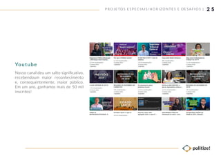 2 5P ROJETOS ESPECIAIS/ HORIZONTES E DESAFIOS |
Nosso canal deu um salto signiﬁcativo,
recebendoum maior reconhecimento
e, consequentemente, maior público.
Em um ano, ganhamos mais de 50 mil
inscritos!
Youtube
 