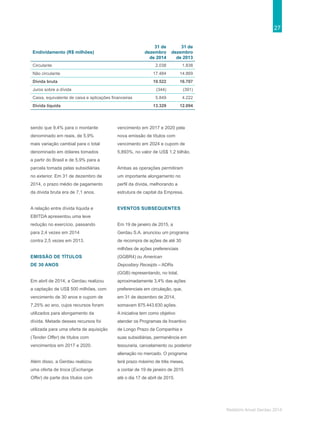 27
Relatório Anual Gerdau 2014
sendo que 9,4% para o montante
denominado em reais, de 5,9%
mais variação cambial para o total
denominado em dólares tomados
a partir do Brasil e de 5,9% para a
parcela tomada pelas subsidiárias
no exterior. Em 31 de dezembro de
2014, o prazo médio de pagamento
da dívida bruta era de 7,1 anos.
A relação entre dívida líquida e
EBITDA apresentou uma leve
redução no exercício, passando
para 2,4 vezes em 2014
contra 2,5 vezes em 2013.
EMISSÃO DE TÍTULOS
DE 30 ANOS
Em abril de 2014, a Gerdau realizou
a captação de US$ 500 milhões, com
vencimento de 30 anos e cupom de
7,25% ao ano, cujos recursos foram
utilizados para alongamento da
dívida. Metade desses recursos foi
utilizada para uma oferta de aquisição
(Tender Offer) de títulos com
vencimentos em 2017 e 2020.
Além disso, a Gerdau realizou
uma oferta de troca (Exchange
Offer) de parte dos títulos com
vencimento em 2017 e 2020 pela
nova emissão de títulos com
vencimento em 2024 e cupom de
5,893%, no valor de US$ 1,2 bilhão.
Ambas as operações permitiram
um importante alongamento no
perfil da dívida, melhorando a
estrutura de capital da Empresa.
EVENTOS SUBSEQUENTES
Em 19 de janeiro de 2015, a
Gerdau S.A. anunciou um programa
de recompra de ações de até 30
milhões de ações preferenciais
(GGBR4) ou American
Depositary Receipts – ADRs
(GGB) representando, no total,
aproximadamente 3,4% das ações
preferenciais em circulação, que,
em 31 de dezembro de 2014,
somavam 875.443.630 ações.
A iniciativa tem como objetivo
atender os Programas de Incentivo
de Longo Prazo da Companhia e
suas subsidiárias, permanência em
tesouraria, cancelamento ou posterior
alienação no mercado. O programa
terá prazo máximo de três meses,
a contar de 19 de janeiro de 2015
até o dia 17 de abril de 2015.
Endividamento (R$ milhões)
31 de
dezembro
de 2014
31 de
dezembro
de 2013
Circulante 2.038 1.838
Não circulante 17.484 14.869
Dívida bruta 19.522 16.707
Juros sobre a dívida (344) (391)
Caixa, equivalente de caixa e aplicações financeiras 5.849 4.222
Dívida líquida 13.329 12.094
 