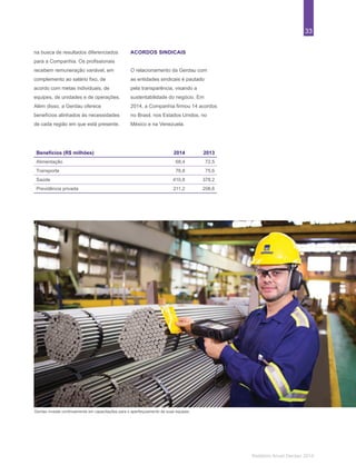 33
Relatório Anual Gerdau 2014
na busca de resultados diferenciados
para a Companhia. Os profissionais
recebem remuneração variável, em
complemento ao salário fixo, de
acordo com metas individuais, de
equipes, de unidades e de operações.
Além disso, a Gerdau oferece
benefícios alinhados às necessidades
de cada região em que está presente.
Benefícios (R$ milhões) 2014 2013
Alimentação 68,4 72,5
Transporte 76,8 75,6
Saúde 410,8 378,2
Previdência privada 211,2 208,6
ACORDOS SINDICAIS
O relacionamento da Gerdau com
as entidades sindicais é pautado
pela transparência, visando a
sustentabilidade do negócio. Em
2014, a Companhia firmou 14 acordos
no Brasil, nos Estados Unidos, no
México e na Venezuela.
Gerdau investe continuamente em capacitações para o aperfeiçoamento de suas equipes.
 