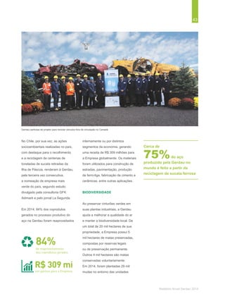 43
Relatório Anual Gerdau 2014
No Chile, por sua vez, as ações
socioambientais realizadas no país,
com destaque para o recolhimento
e a reciclagem de centenas de
toneladas de sucata retiradas da
Ilha de Páscoa, renderam à Gerdau,
pela terceira vez consecutiva,
a nomeação de empresa mais
verde do país, segundo estudo
divulgado pela consultoria GFK
Adimark e pelo jornal La Segunda.
Em 2014, 84% dos coprodutos
gerados no processo produtivo do
aço na Gerdau foram reaproveitados
internamente ou por distintos
segmentos da economia, gerando
uma receita de R$ 309 milhões para
a Empresa globalmente. Os materiais
foram utilizados para construção de
estradas, pavimentação, produção
de ferro-liga, fabricação de cimento e
cerâmicas, entre outras aplicações.
BIODIVERSIDADE
Ao preservar cinturões verdes em
suas plantas industriais, a Gerdau
ajuda a melhorar a qualidade do ar
e manter a biodiversidade local. De
um total de 20 mil hectares de sua
propriedade, a Empresa possui 5
mil hectares de matas preservadas,
compostas por reservas legais
ou de preservação permanente.
Outros 4 mil hectares são matas
conservadas voluntariamente.
Em 2014, foram plantadas 29 mil
mudas no entorno das unidades
84%
em ganhos para a Empresa
de reaproveitamento
dos coprodutos gerados
R$ 309 mi
Gerdau participa de projeto para reciclar veículos fora de circulação no Canadá.
75%do aço
produzido pela Gerdau no
mundo é feito a partir da
reciclagem de sucata ferrosa
Cerca de
 
