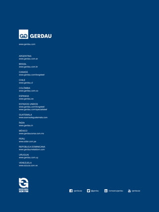 ARGENTINA
www.gerdau.com.ar
BRASIL
www.gerdau.com.br
CANADÁ
www.gerdau.com/longsteel
CHILE
www.gerdau.cl
COLÔMBIA
www.gerdau.com.co
ESPANHA
www.gerdau.es
ESTADOS UNIDOS
www.gerdau.com/longsteel
www.gerdau.com/specialsteel
GUATEMALA
www.acerosdeguatemala.com
ÍNDIA
www.gerdau.in
MÉXICO
www.gerdaucorsa.com.mx
PERU
www.sider.com.pe
REPÚBLICA DOMINICANA
www.gerdaumetaldom.com
URUGUAI
www.gerdau.com.uy
VENEZUELA
www.sizuca.com.ve
www.gerdau.com
/gerdausa /gerdausa/company/gerdau@gerdau
 
