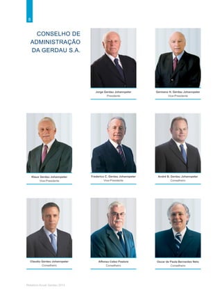 8
Relatório Anual Gerdau 2014
CONSELHO DE
ADMINISTRAÇÃO
DA GERDAU S.A.
Germano H. Gerdau Johannpeter
Vice-Presidente
Klaus Gerdau Johannpeter
Vice-Presidente
Affonso Celso Pastore
Conselheiro
Oscar de Paula Bernardes Neto
Conselheiro
André B. Gerdau Johannpeter
Conselheiro
Frederico C. Gerdau Johannpeter
Vice-Presidente
Claudio Gerdau Johannpeter
Conselheiro
Jorge Gerdau Johannpeter
Presidente
 