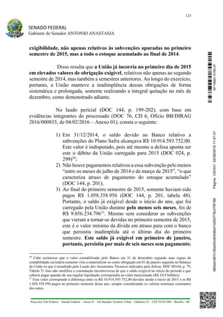 125
SENADO FEDERAL
Gabinete do Senador ANTONIO ANASTASIA
Praça dos Três Poderes – Senado Federal – Anexo II – Ala Senador Teotônio Vilela – Gabinete 23 – CEP 70165-900 – Brasília - DF
exigibilidade, não apenas relativos às subvenções apuradas no primeiro
semestre de 2015, mas a todo o estoque acumulado ao final de 2014.
Disso resulta que a União já incorria no primeiro dia de 2015
em elevados valores de obrigação exigível, relativos não apenas ao segundo
semestre de 2014, mas também a semestres anteriores. Ao longo do exercício,
portanto, a União manteve a inadimplência dessas obrigações de forma
sistemática e prolongada, somente realizando a integral quitação no mês de
dezembro, como demonstrado adiante.
No laudo pericial (DOC 144, p. 199-202), com base em
evidências integrantes do processado (DOC 76, CD 6, Ofício BB/DIRAG
2016/000835, de 04/02/2016 – Anexo 01), consta o seguinte:
1) Em 31/12/2014, o saldo devido ao Banco relativo a
subvenções do Plano Safra alcançava R$ 10.914.593.752,00.
Este valor é indisputado, pois até mesmo a defesa aponta ser
este o débito da União carregado para 2015 (DOC 024, p.
299)30
;
2) Não houve pagamentos relativos a essa subvenção pelo menos
“entre os meses de julho de 2014 e de março de 2015”, “o que
caracteriza atraso de pagamento do estoque acumulado”
(DOC 144, p. 201);
3) Ao final do primeiro semestre de 2015, somente haviam sido
pagos R$ 1.058.358.956 (DOC 144, p. 201, tabela 48).
Portanto, o saldo já exigível desde o início do ano, que foi
carregado pela União durante pelo menos seis meses, foi de
R$ 9.856.234.79631
. Mesmo sem considerar as subvenções
que vieram a tornar-se devidas no primeiro semestre de 2015,
este é o valor mínimo da dívida em atraso para com o banco
que persistiu inadimplida até o último dia do primeiro
semestre. Este saldo já exigível em primeiro de janeiro,
portanto, persistiu por mais de seis meses sem pagamento;
30
Cabe esclarecer que o valor contabilizado pelo Banco em 31 de dezembro segundo suas regras de
contabilidade societária somente viria a materializar-se como obrigação em 01 de janeiro seguinte no balanço
da União (o que é ressaltado pelo Laudo dos Assistentes Técnicos indicados pela defesa, DOC 00164, p. 79,
Tabela 7). Isso não modifica a constatação incontroversa de que o saldo exigível no início do período e que
caberia pagar quando de sua regular liquidação correspondia ao valor mencionado (R$ 10,9 bilhões).
31
Esse valor corresponde à diferença entre os R$ 10.914.593.752,00 devidos desde o início de 2015 e os R$
1.058.358.956 pagos no primeiro semestre desse ano, sempre considerando os valores nominais constantes
dos autos.
SF/16863.10785-97385ebc387c183e20cd0438e215093776c47f6788Página:125/44102/08/201611:57:47
 